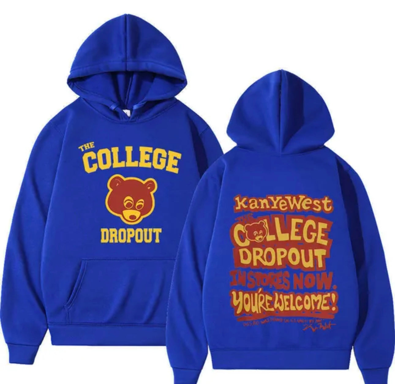 Kanye West 100 Fleece Blue Hoodie The College Drop Out Chest Back Logo Print