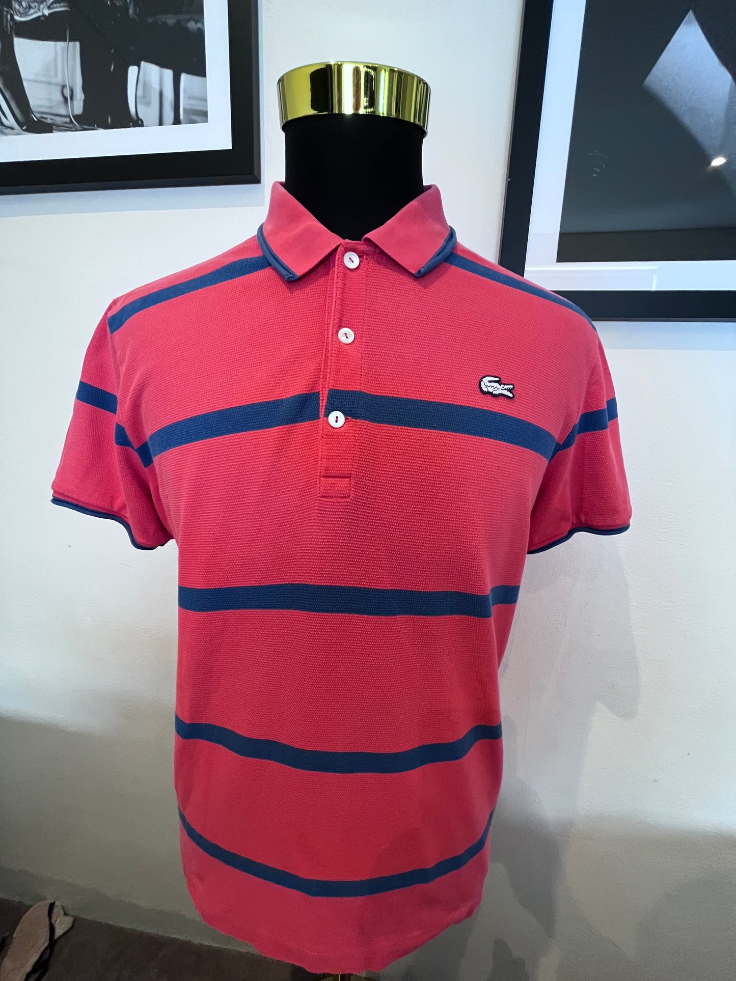 Lacoste 100% Cotton Red Blue Stripe Polo Shirt Size Large