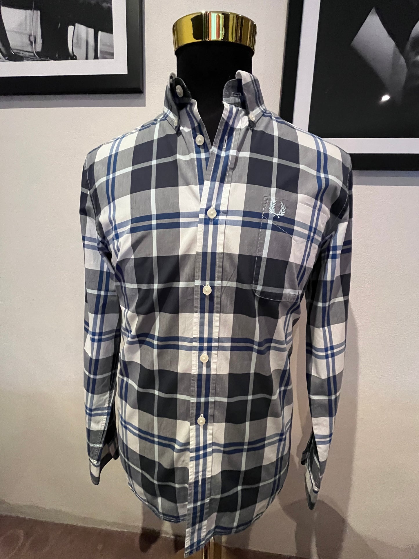 Fred Perry 100% Cotton Blue White Check Button Down Shirt Size Large