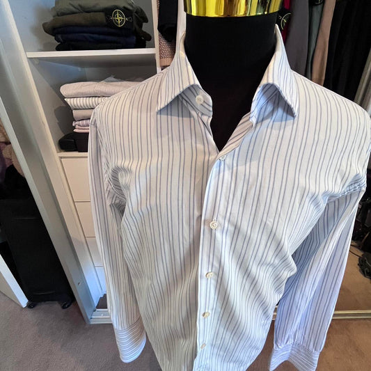 Ermenegildo Zegna 100% Cotton Blue White Stripe Business Shirt Size XL 46/18 Double Cuff Made in Switzerland