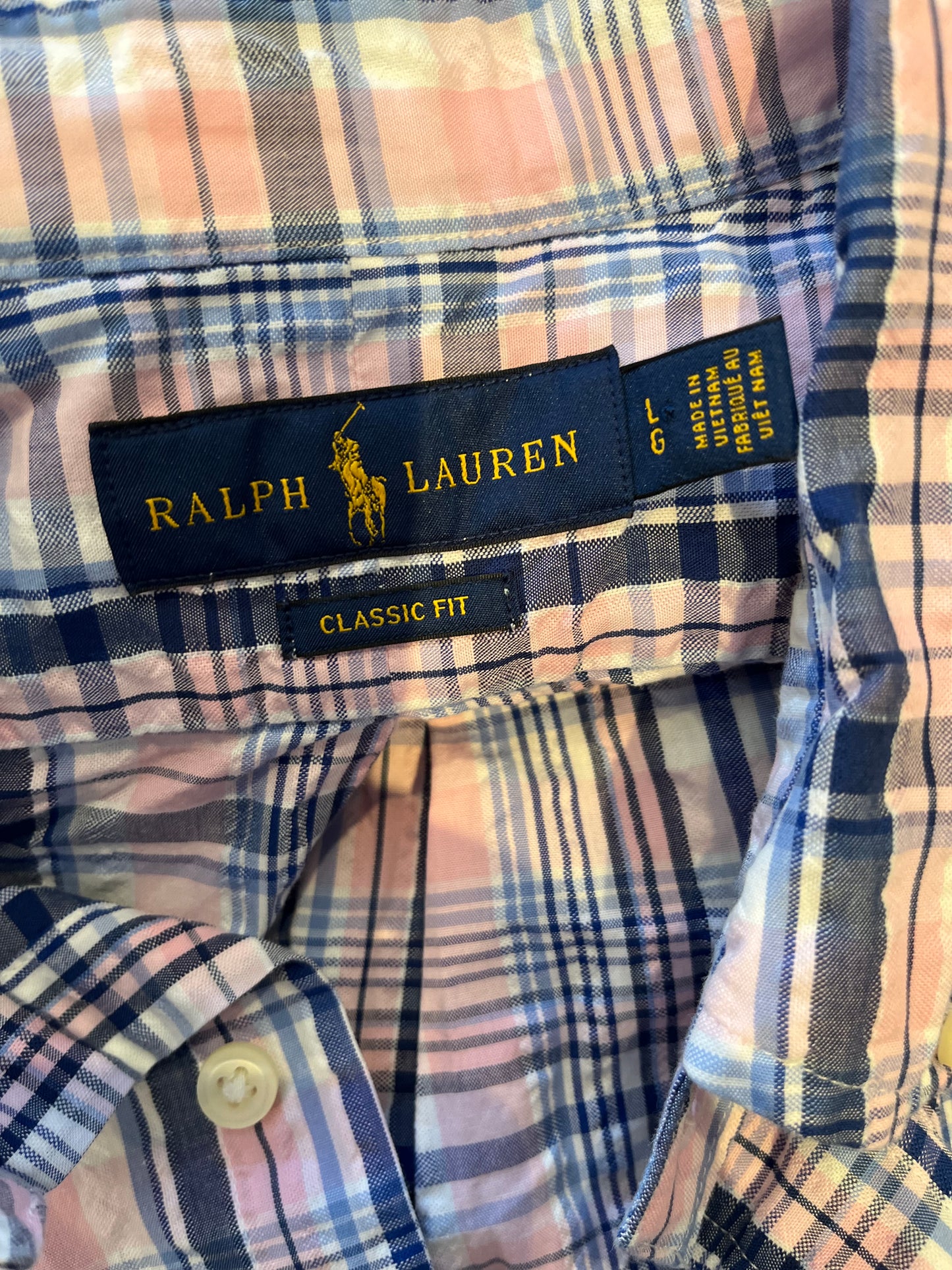 Ralph Lauren 100% Cotton Pink Blue Check Shirt Size L Classic Fit Button Down Collar