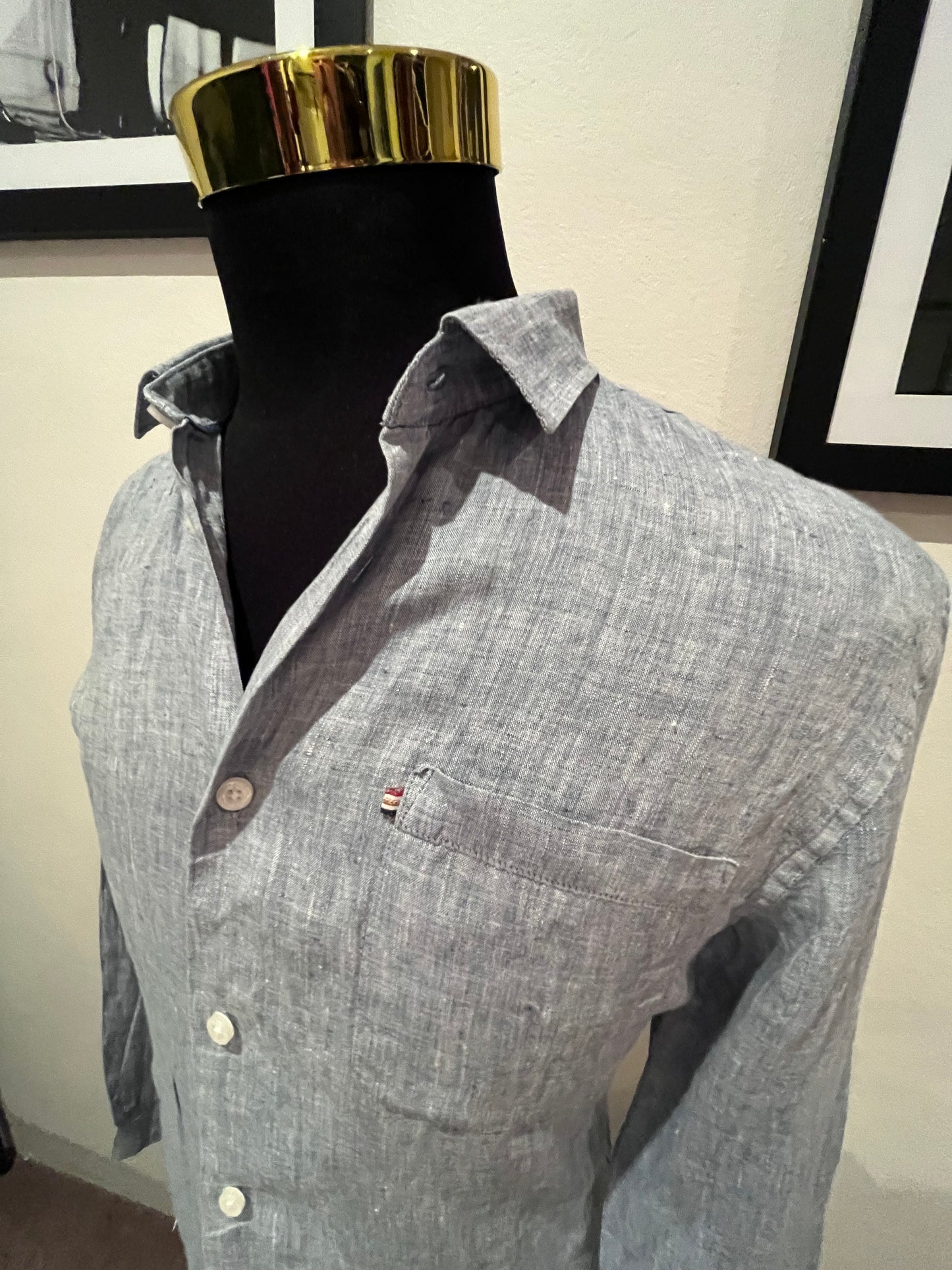 The Academy Brand 100% Linen Cotton Blue Shirt Size Medium Slim Fit