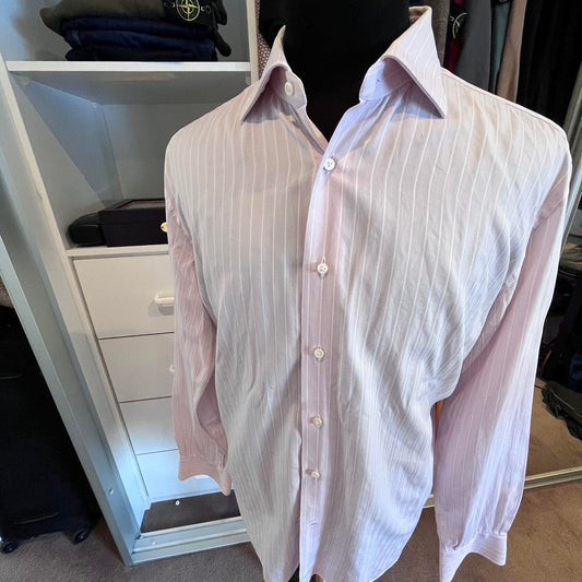 Ermenegildo Zegna 100% Cotton Pink White Stripe Business Shirt Size XL 44/17.5 French Cuff Made in Switzerland