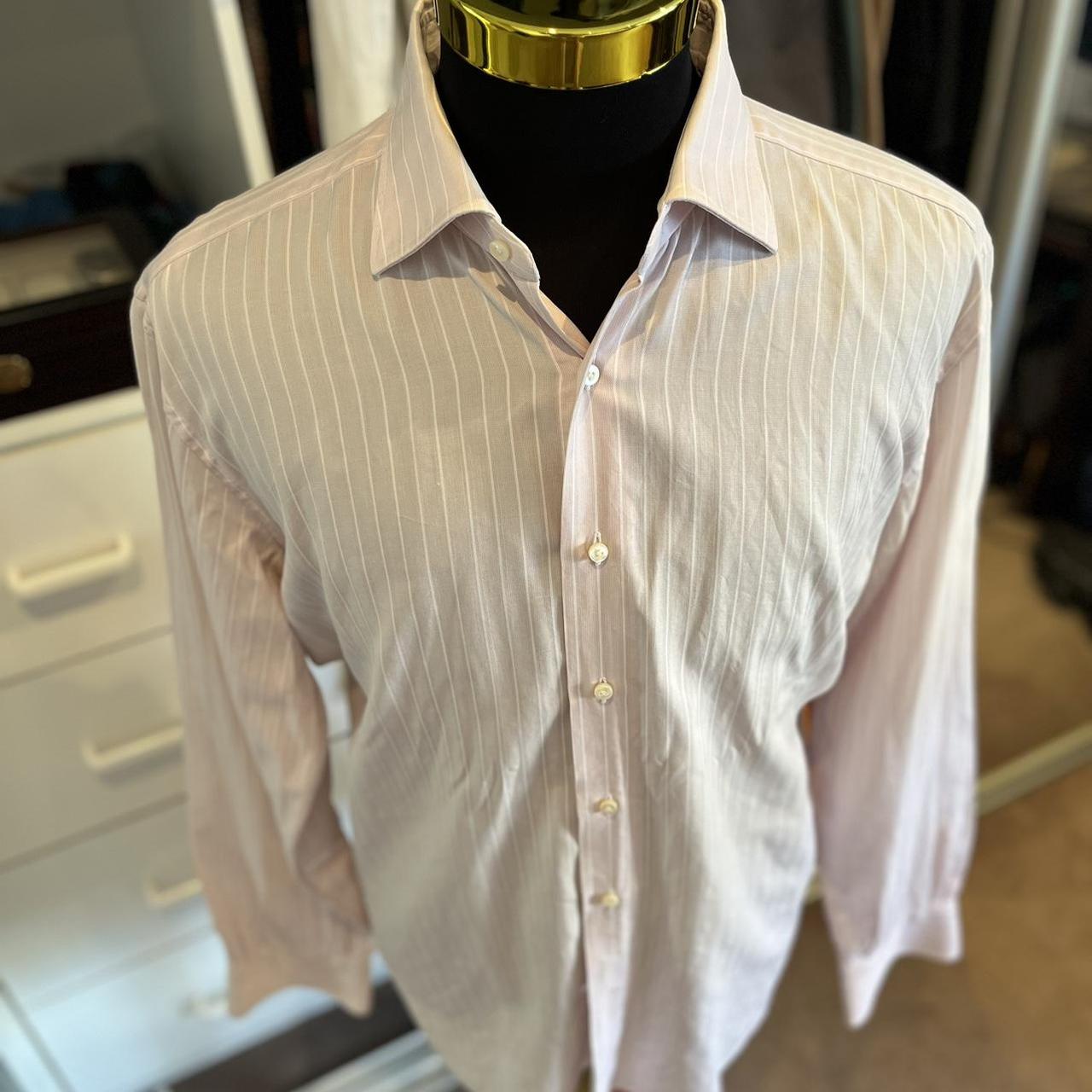 Ermenegildo Zegna 100% Cotton Pink White Stripe Business Shirt Size XL 44/17.5 French Cuff Made in Switzerland