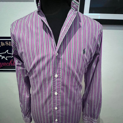 Ralph Lauren 100% Cotton Purple Blue Striped Shirt Size L Custom Fit