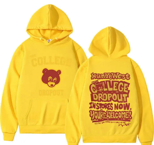 Kanye West 100% Fleece Yellow Hoodie “The College Drop Out” Chest & Back Logo Print