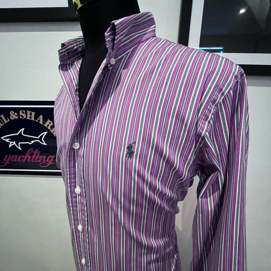 Ralph Lauren 100% Cotton Purple Blue Striped Shirt Size L Custom Fit