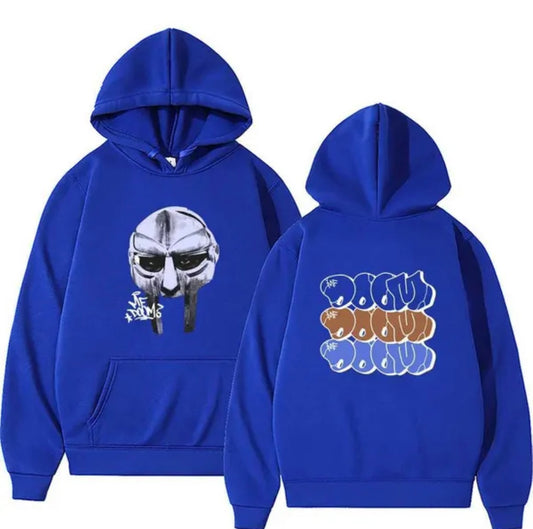 MF DOOM 100% Cotton Blue Metal Face Hoodie Chest & Back Logo