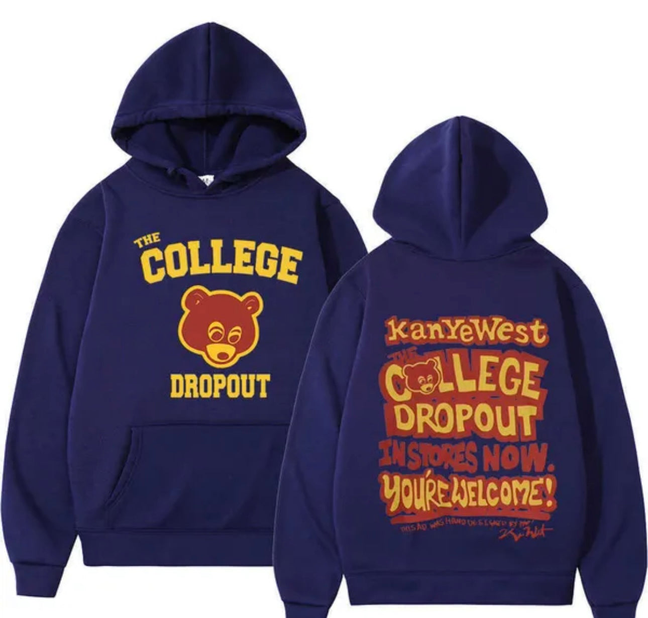 Kanye West 100% Fleece Navy Hoodie “The College Drop Out” Chest & Back Logo Print