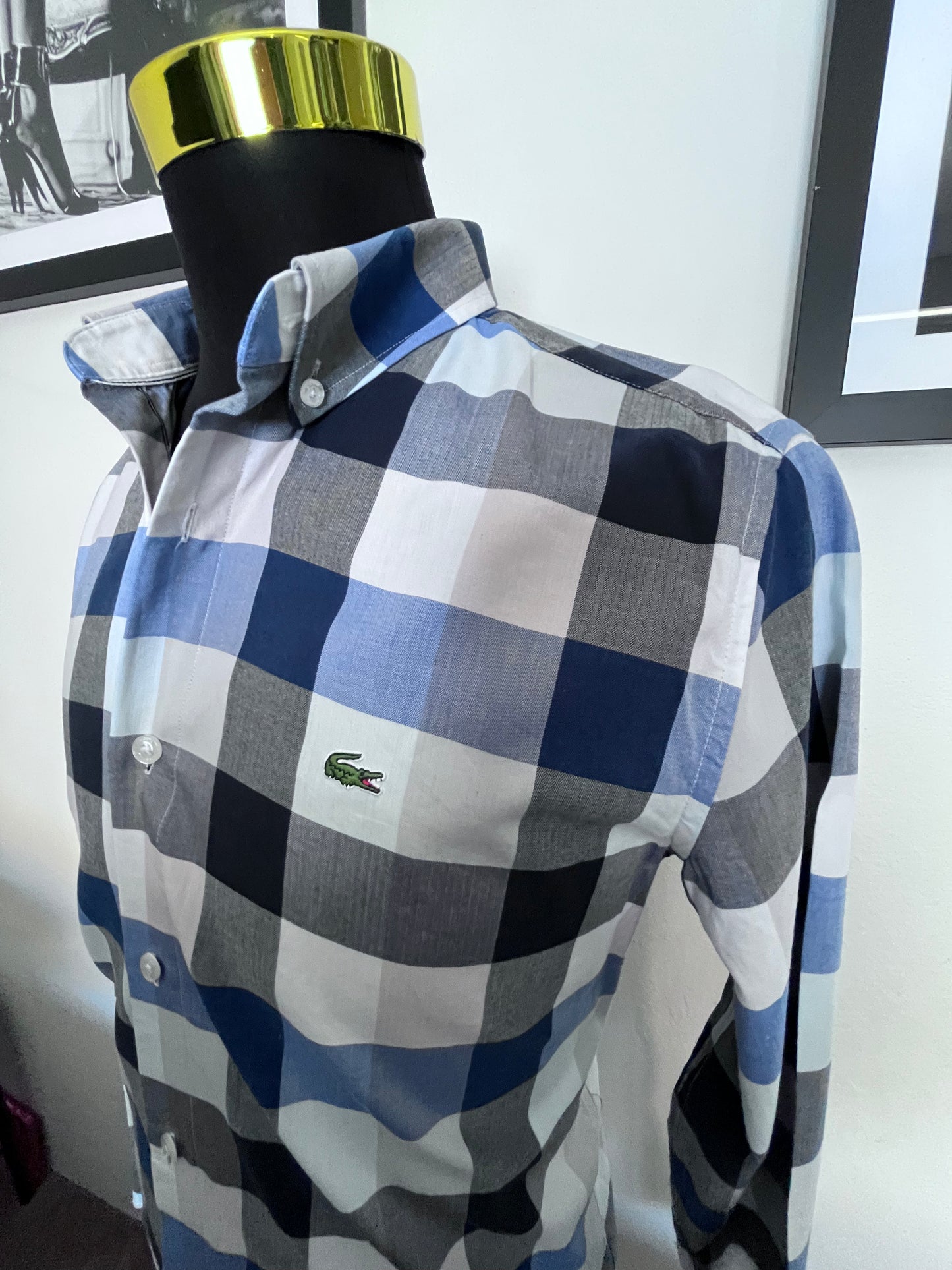 Lacoste 100% Cotton Blue White check Shirt Size M Classic Fit