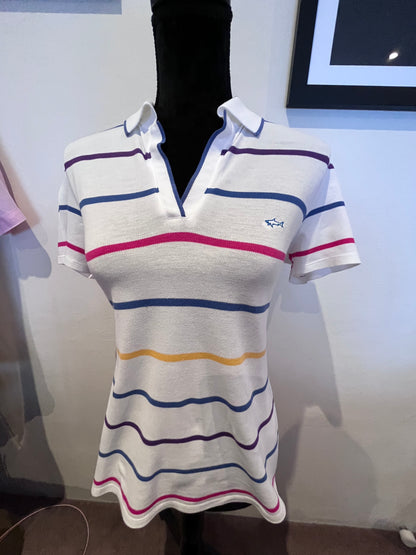 Paul & Shark Women’s 100% Cotton White Striped Polo Shirt Size L Made In Italy