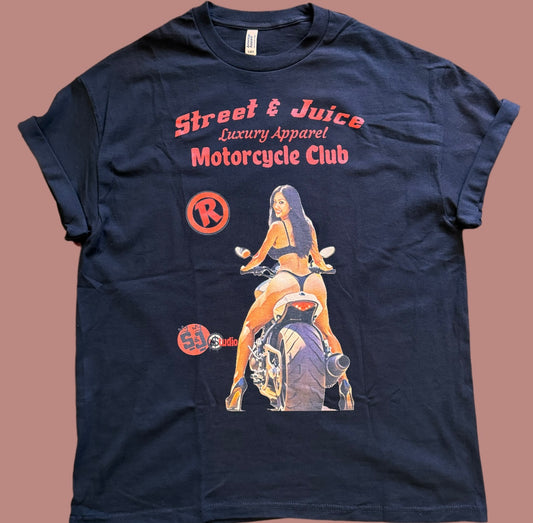 Street & Juice “Motorcycle Club” 100% Cotton Black Chest Logo T Shirt