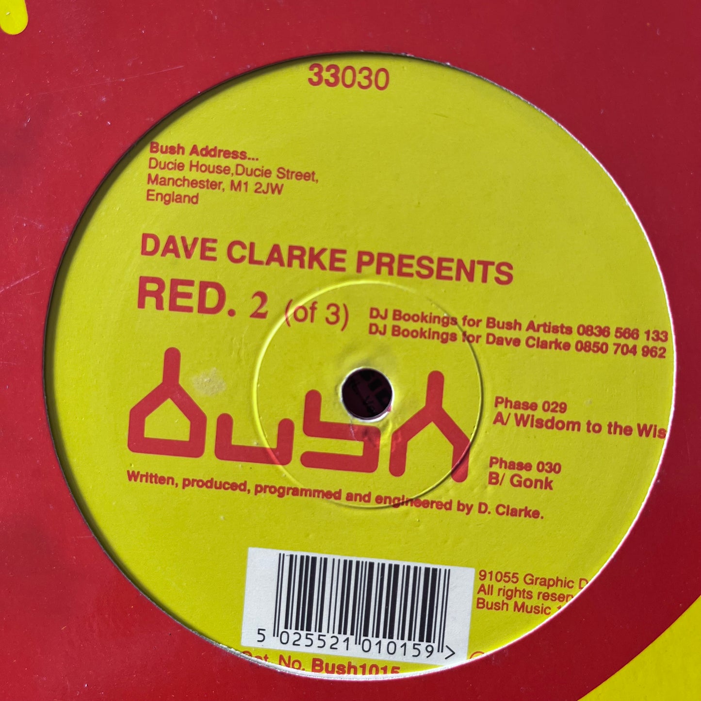 Dave Clarke “Red 2” 2 Track 12inch Vinyl Record on Bush Records