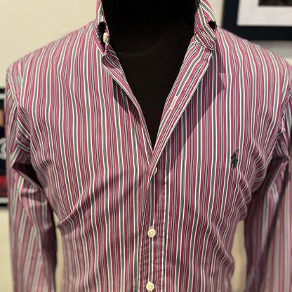 Ralph Lauren 100% Cotton Purple Blue Striped Shirt Size L Custom Fit