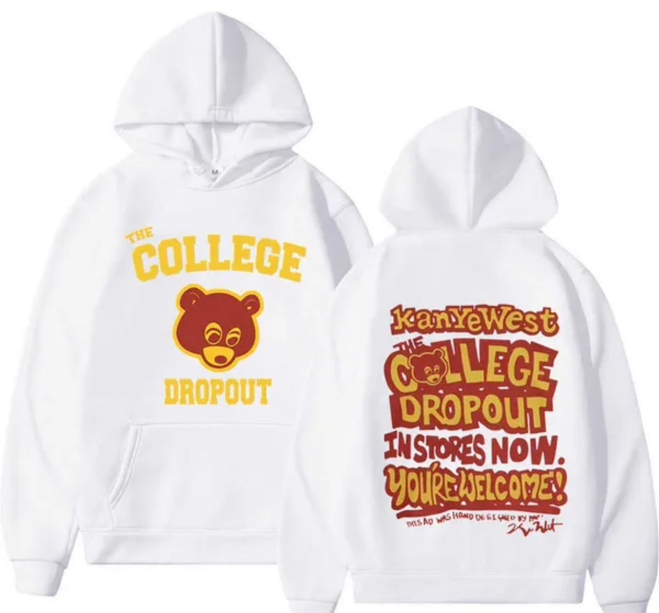 Kanye West 100% Fleece White Hoodie “The College Drop Out” Chest & Back Logo Print