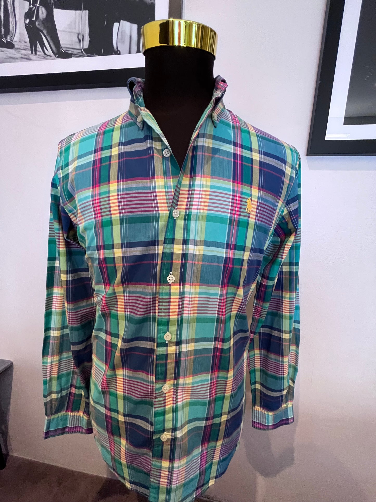 Ralph Lauren 100% Cotton Green Blue Check Shirt Size L Classic Fit Button Down Collar