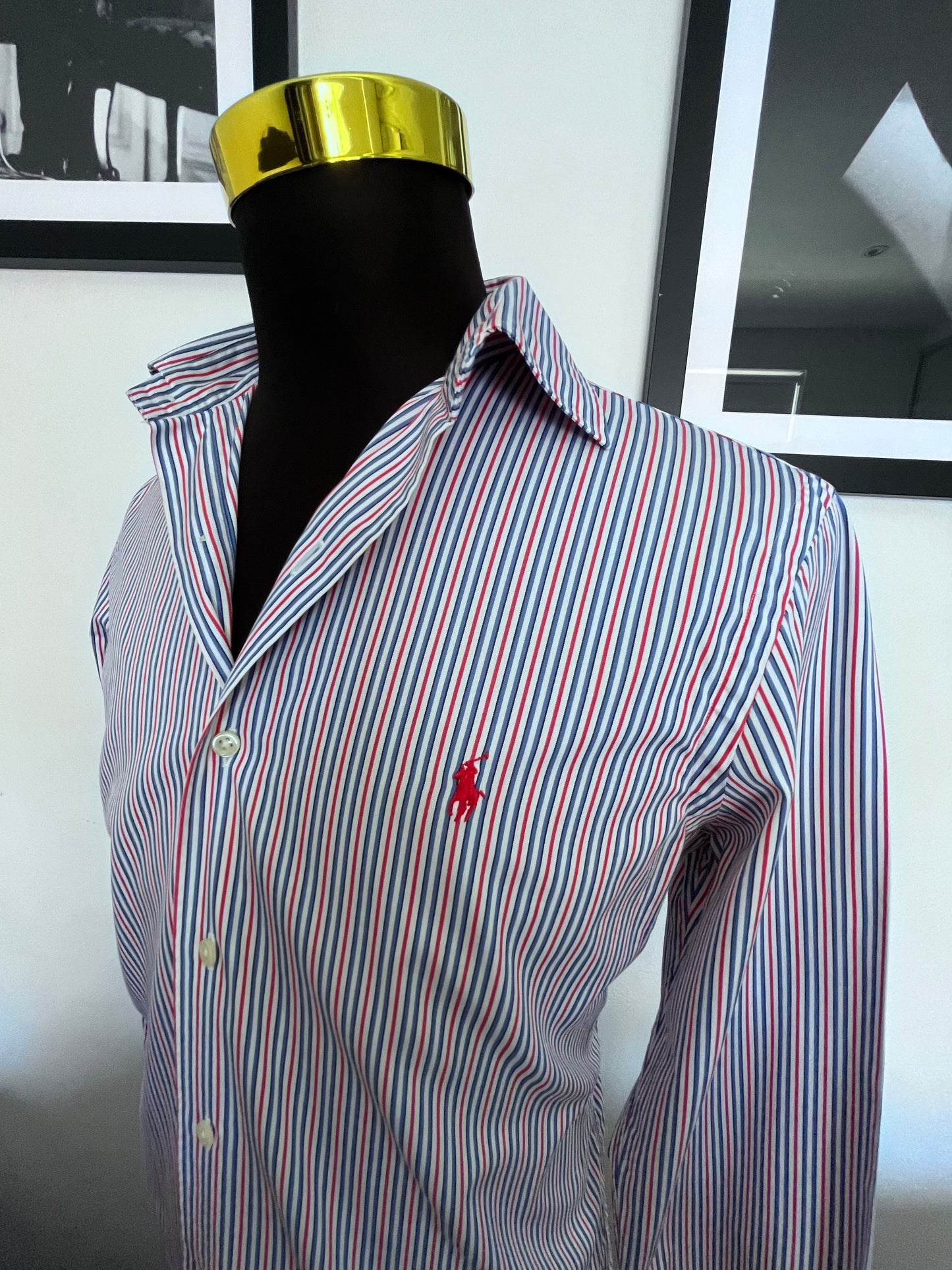 Ralph Lauren 100% Cotton Blue Red Spread Collar Shirt Size M Classic Fit, Fits Small to Medium