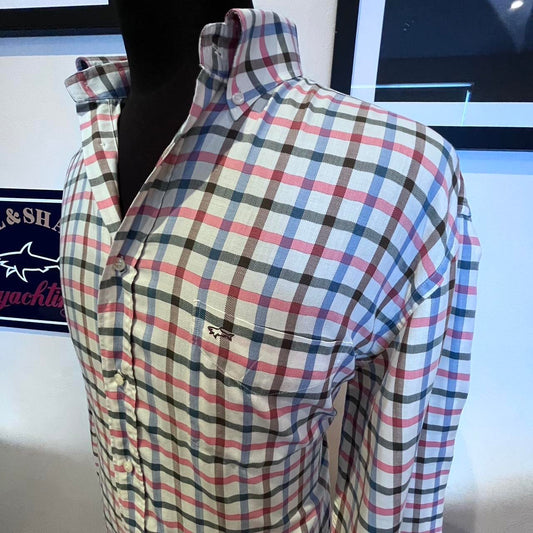 Paul & Shark 100% Cotton White Blue Pink Check Shirt Size 43 L made in Italy