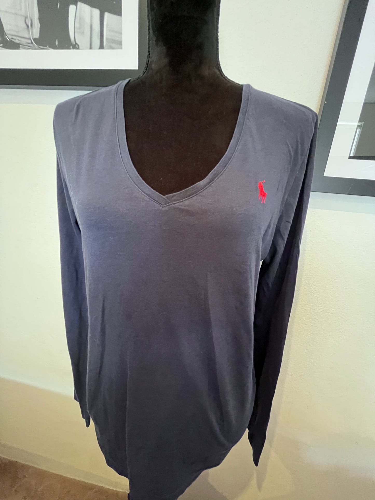 Ralph Lauren Women’s 100% Cotton V Neck Navy Long SleeVe Tee Size Large