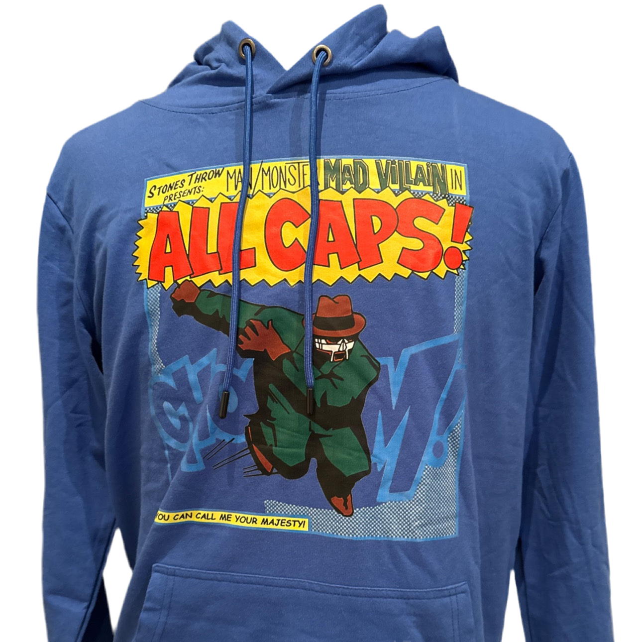 MF DOOM Mad Villain 100% Cotton Royal Blue ALL CAPS Chest Logo Hoodie Size Small Hoodies are super lightweight