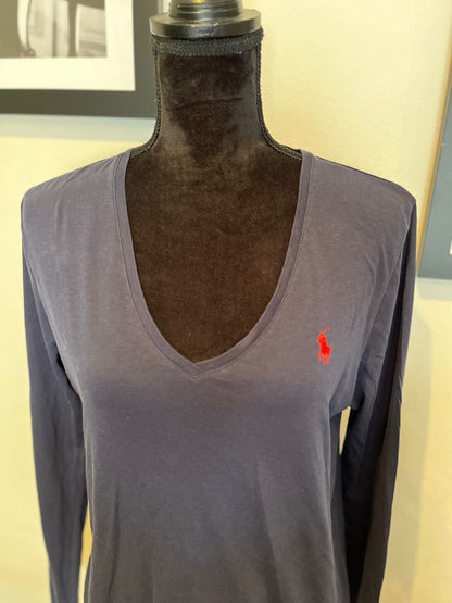 Ralph Lauren Women’s 100% Cotton V Neck Navy Long SleeVe Tee Size Large