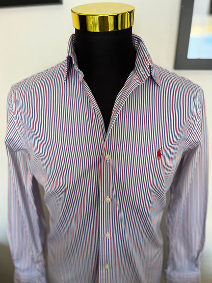 Ralph Lauren 100% Cotton Blue Red Spread Collar Shirt Size M Classic Fit, Fits Small to Medium