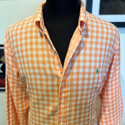 Ralph Lauren 100% Linen Orange White Gingham Shirt Size XXL