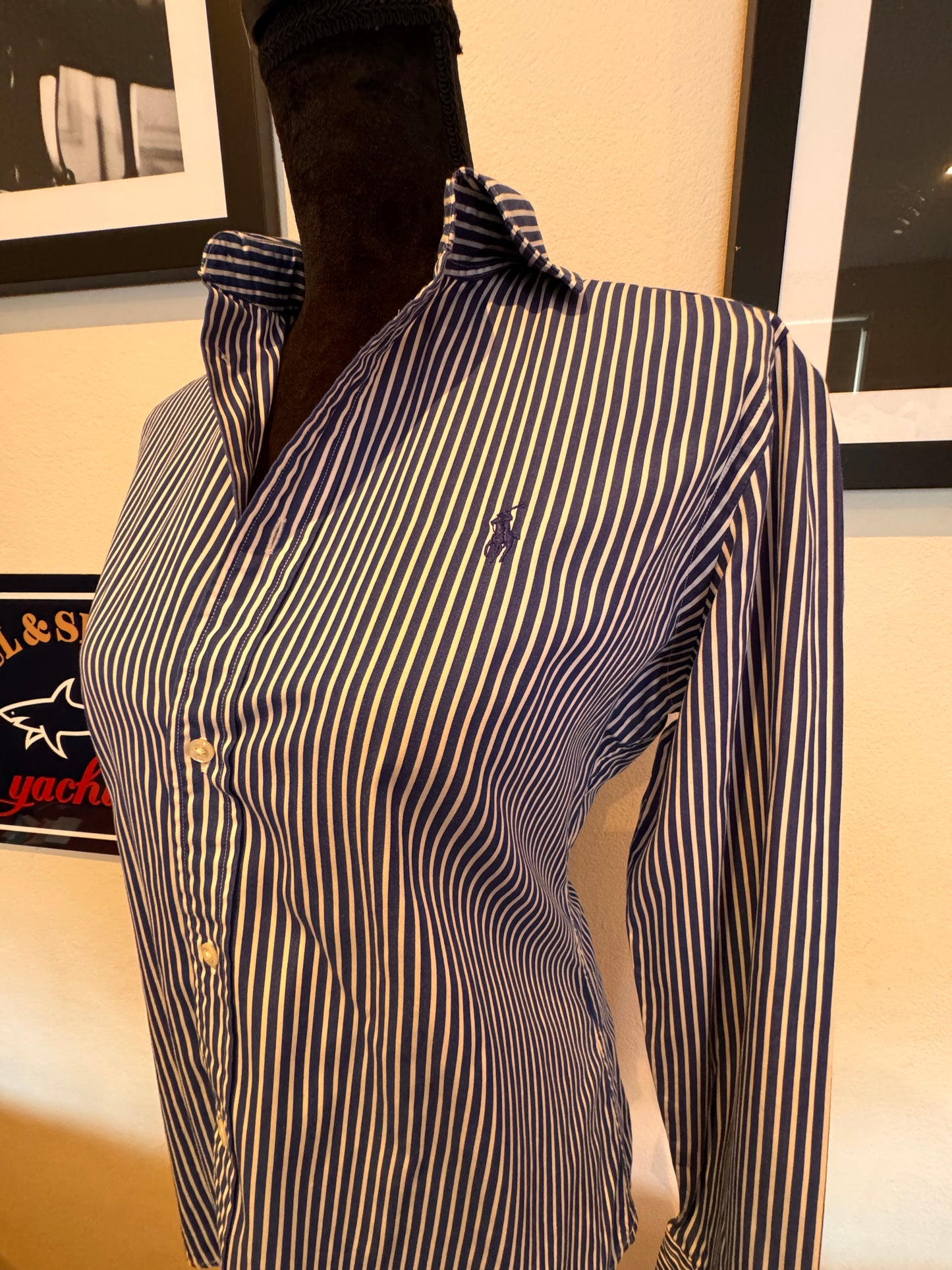 Ralph Lauren Women’s 100% Cotton Blue White Striped Shirt Slim Fit Size 12