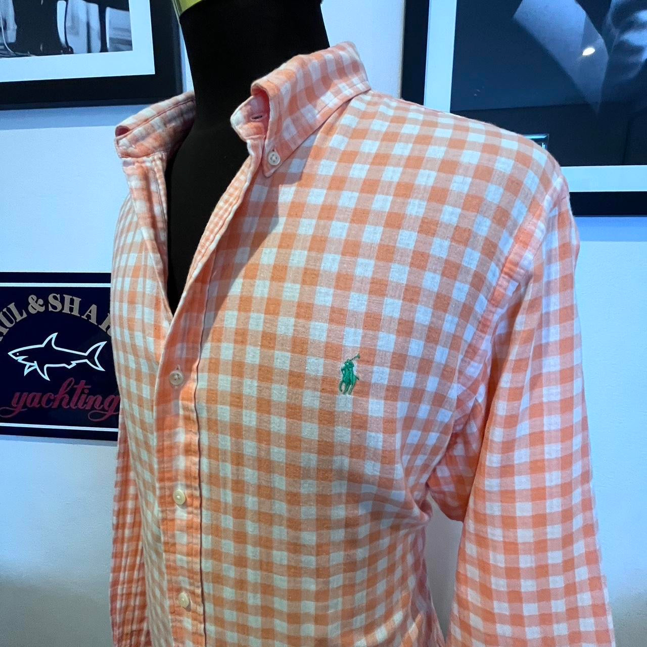 Ralph Lauren 100% Linen Orange White Gingham Shirt Size XXL