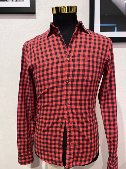 Burberry Brit 100% Cotton Logo Pocket Red Black Check Shirt Size Small Slim Fit