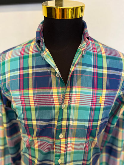 Ralph Lauren 100% Cotton Green Blue Check Shirt Size L Classic Fit Button Down Collar