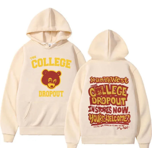 Kanye West 100% Fleece Cream Hoodie “The College Drop Out” Chest & Back Logo Print