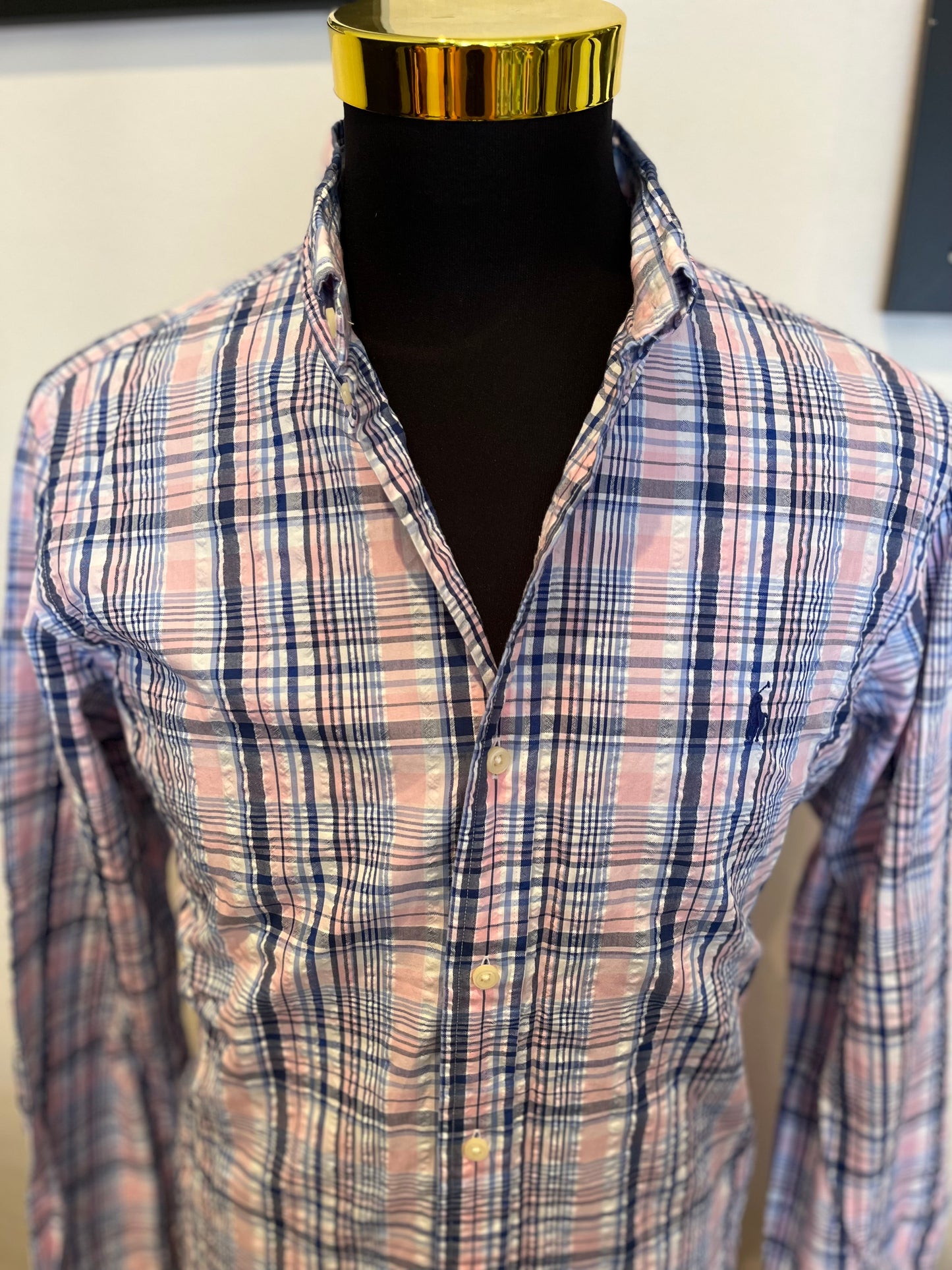 Ralph Lauren 100% Cotton Pink Blue Check Shirt Size L Classic Fit Button Down Collar