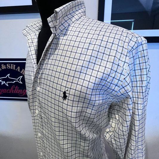 Ralph Lauren 100% Cotton White Yellow Blue Check Shirt Size Large