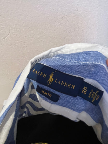 Ralph Lauren Blue / White Stripe 100% Linen Cotton  Size Large Slim Fit