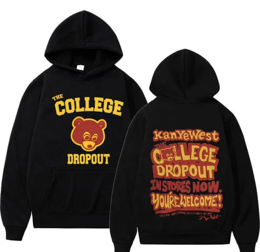 Kanye West 100% Fleece Black Hoodie “The College Drop Out” Chest & Back Logo Print