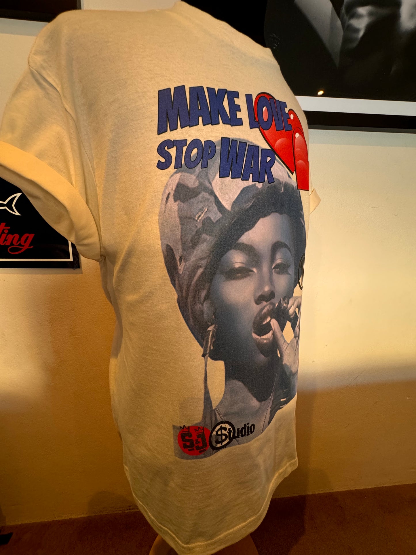 S&J “Make Love Stop War” 100% Cotton White Chest Logo T Shirt