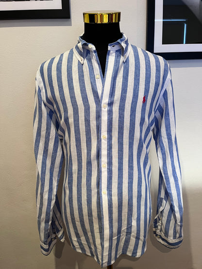 Ralph Lauren Blue / White Stripe 100% Linen Cotton  Size Large Slim Fit