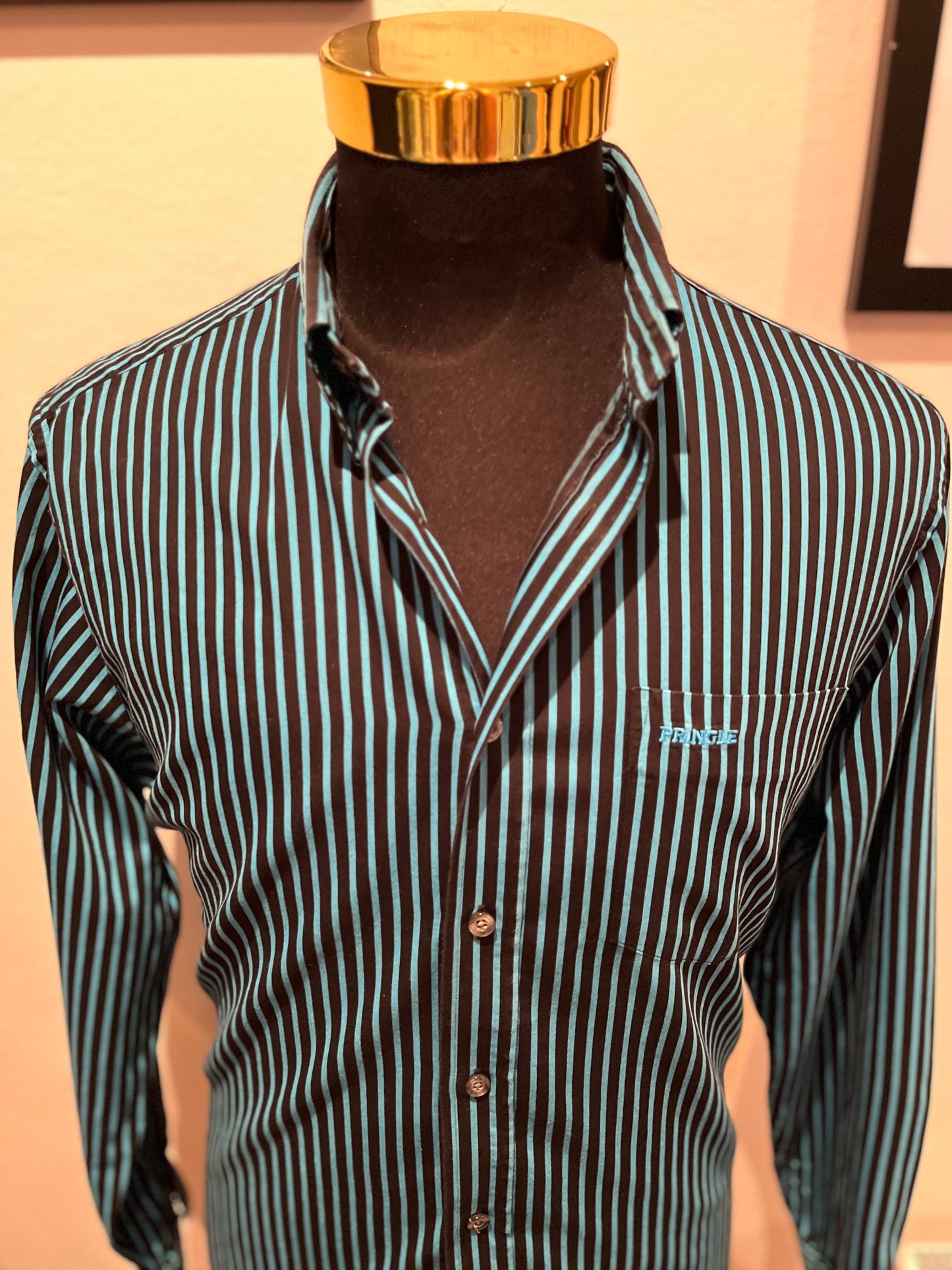 Pringle of Scotland 100% Blue Black Stripe Cotton Shirt Size Large Button Down Collar