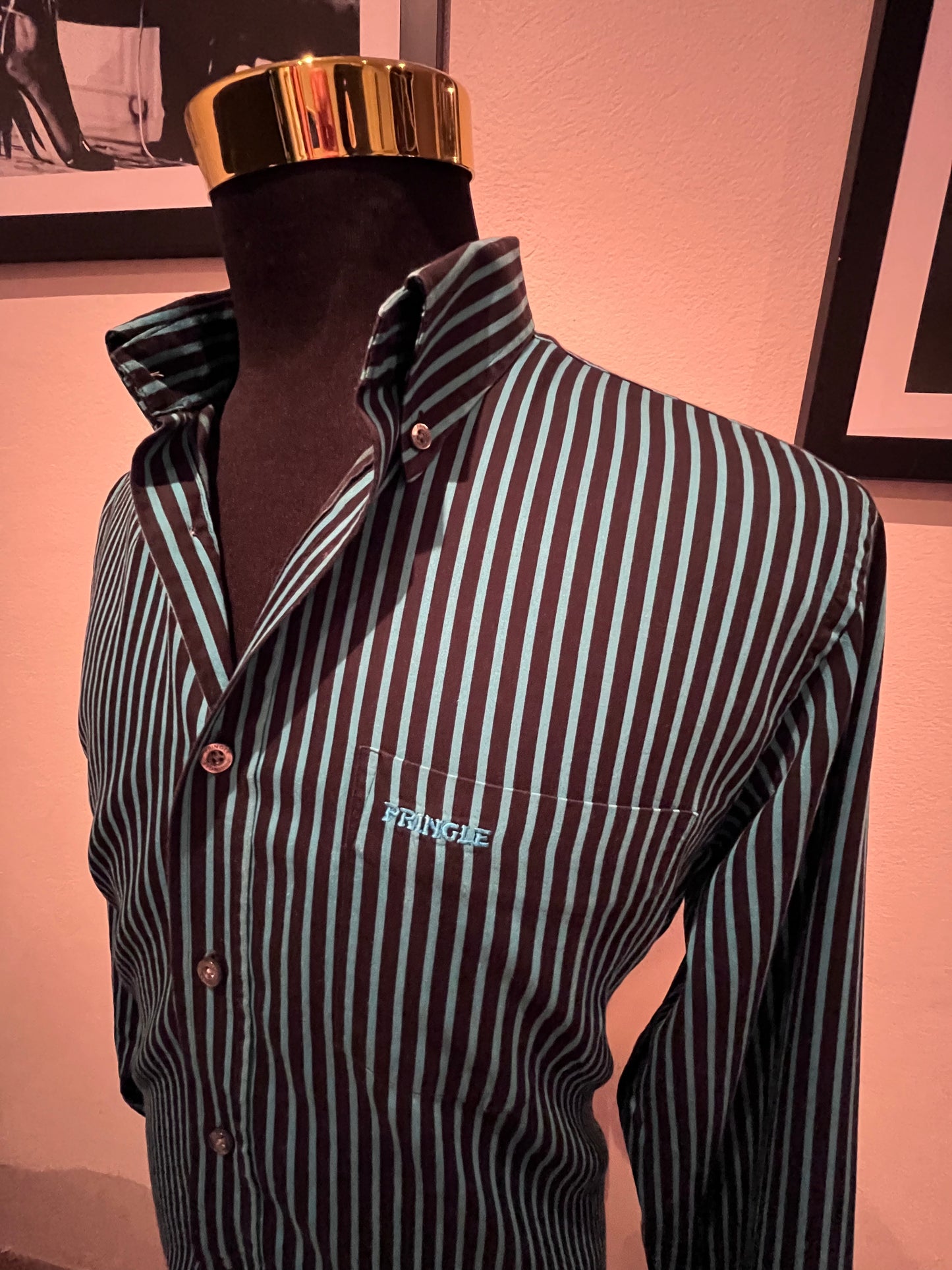 Pringle of Scotland 100% Blue Black Stripe Cotton Shirt Size Large Button Down Collar