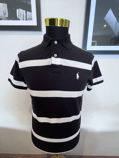 Ralph Lauren 100% Cotton Black White Strip Polo Shirt Size M Custom Fit