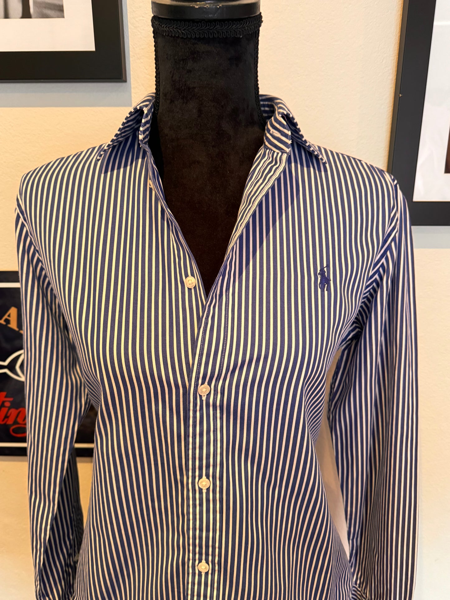 Ralph Lauren Women’s 100% Cotton Blue White Striped Shirt Slim Fit Size 12