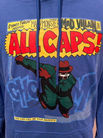 MF DOOM Mad Villain 100% Cotton Royal Blue ALL CAPS Chest Logo Hoodie Size Small Hoodies are super lightweight