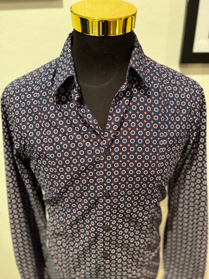 Boss Orange Hugo Boss 100% Cotton Blue Orange Circle Pattern Shirt Size Medium