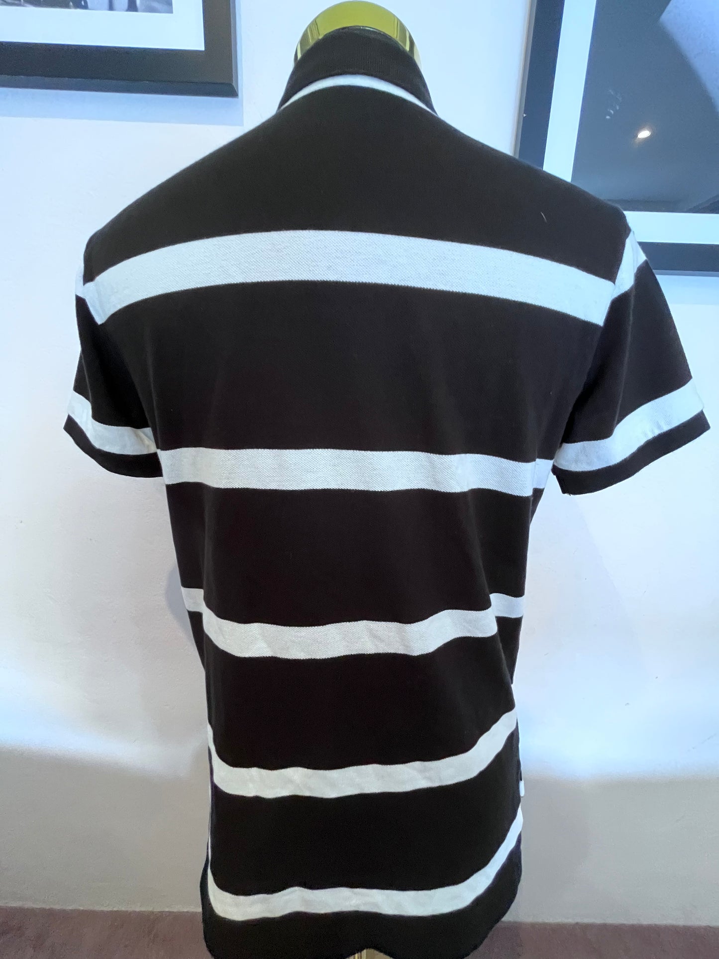 Ralph Lauren 100% Cotton Black White Strip Polo Shirt Size M Custom Fit