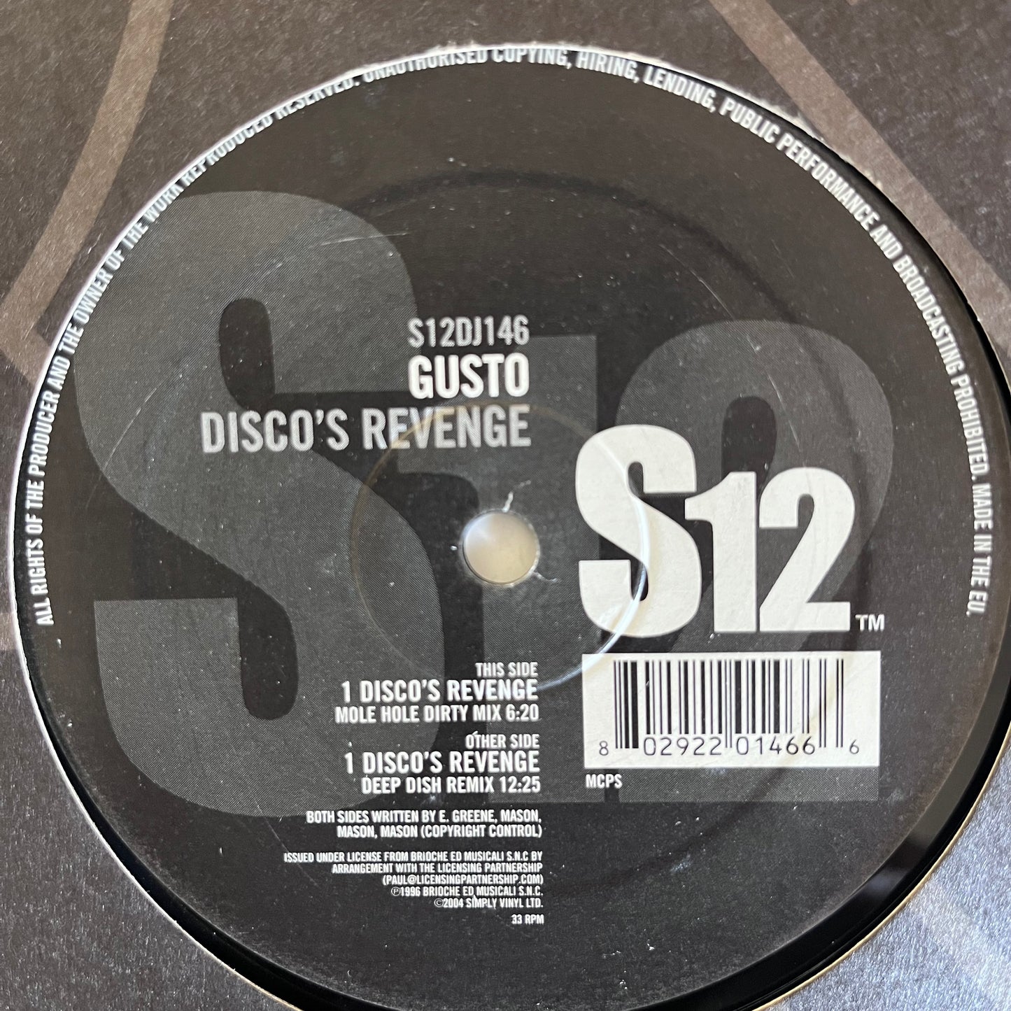 Gusto “Disco’s Revenge” 2 Version 12inch Vinyl Record includes Mole Hole Dirty Mix