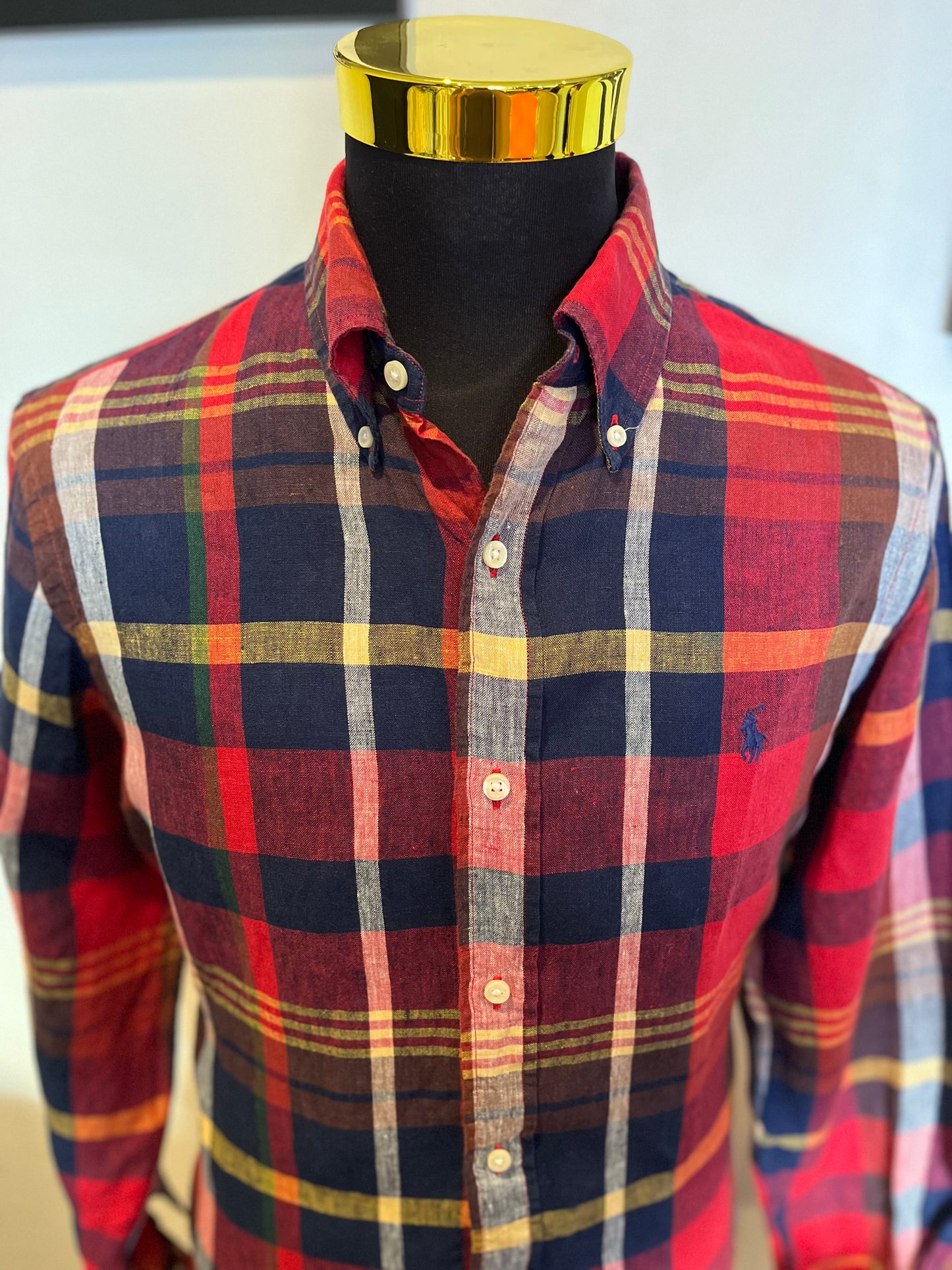 Ralph Lauren 100% Cotton Linen Check Shirt Size Large Custom Fit