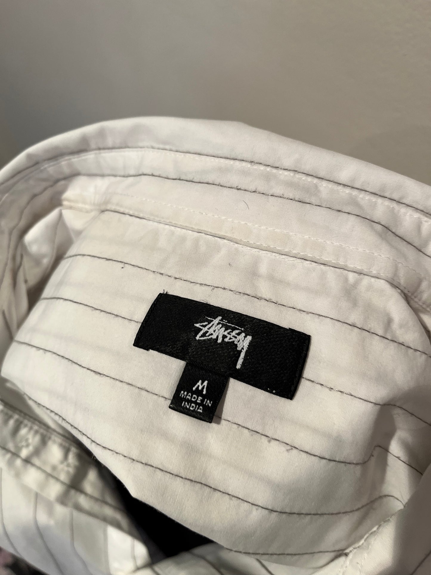 Stussy 100% Cotton White Pin Stripe Shirt Size Medium Fits M to L