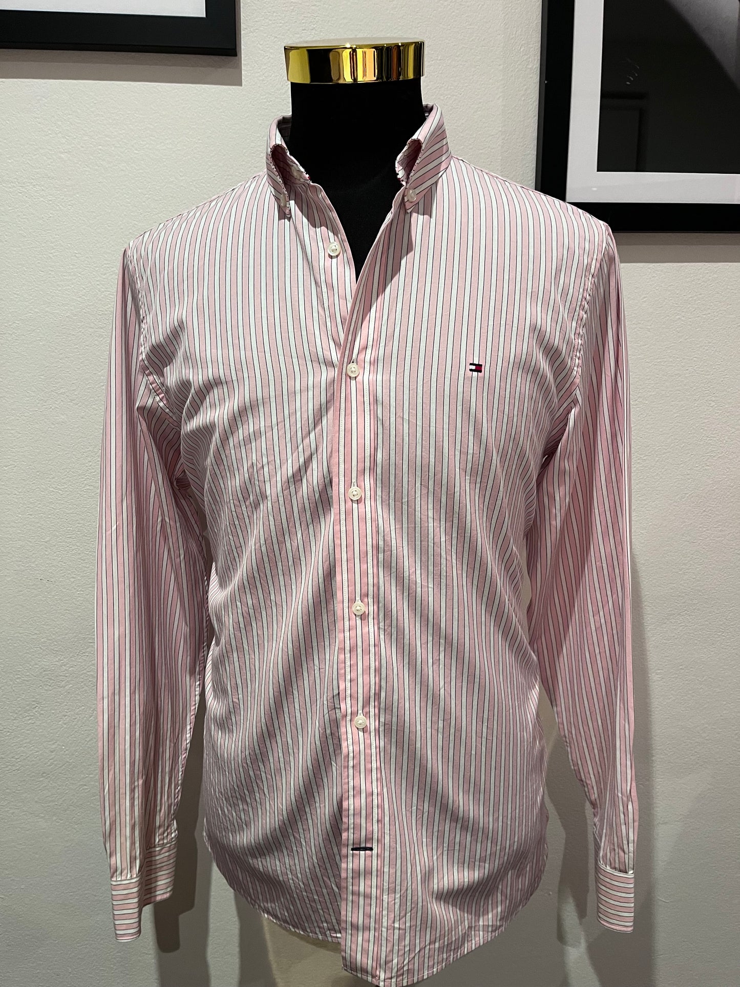 Tommy Hilfiger Regular Fit 100% Cotton Pink White Stripe Shirt Size Large