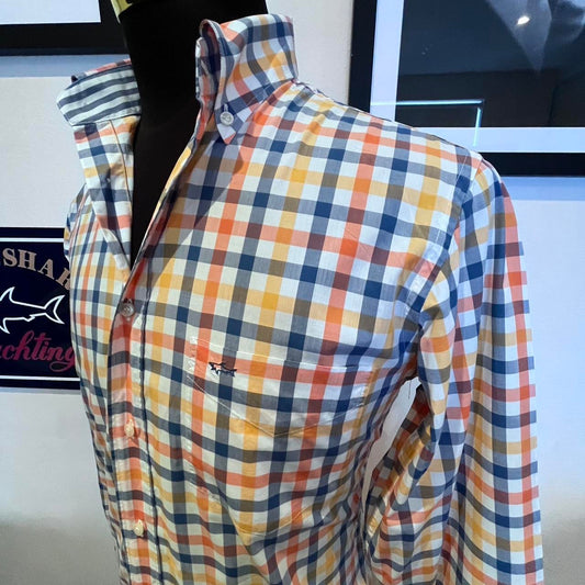 Paul & Shark 100% Cotton White Orange Blue Check Shirt Size M made in Italy